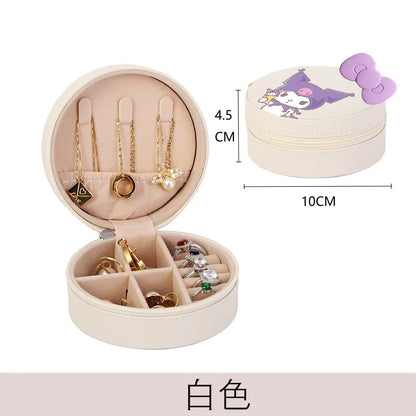 Sanrios Cinnamoroll Kuromi Mymelody round Jewelry Storage Box PU Leather Earrings Necklace Ring Jewelry Organizer Container Gift