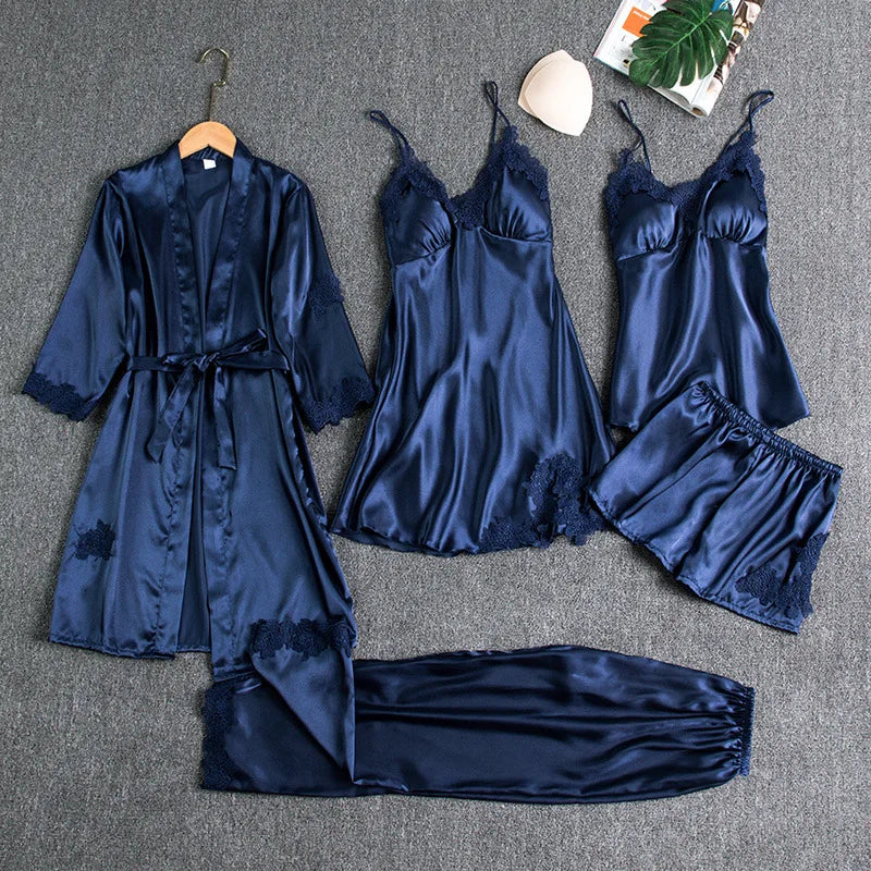 Female 5PCS Pajamas Set Spring Summer Silk Satin Sleepwear Pyjama Pour Femme Sleepwear Sexy Loose Lace Lounge Wear Pijamas Suit