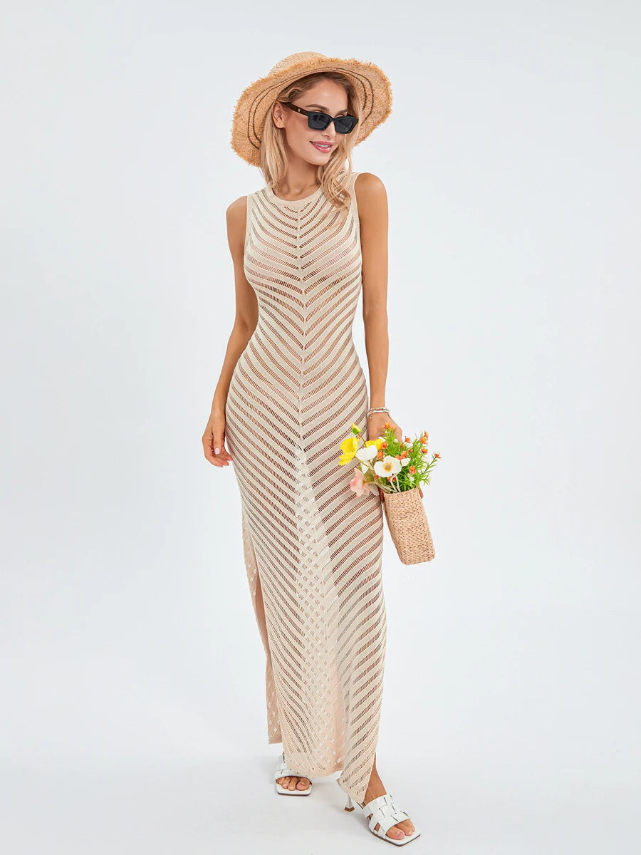 wsevypo See-Through Hollow Out Crochet Knit Beach Dress Women's Summer Sleeveless Round Neck Side Split Long Tank Dress