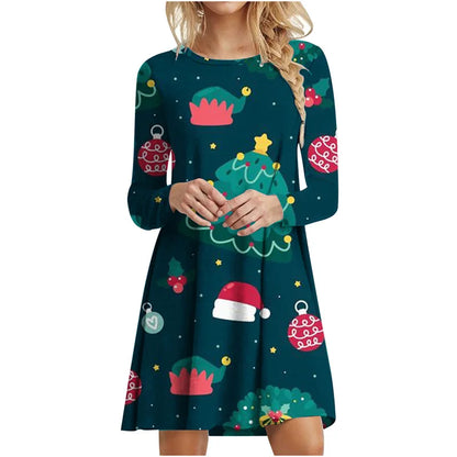 Winter Party Christmas Tree Dress Elegant Women X-Mas Snowflake Print A-Line Dress Autumn Casual Long Sleeve Oversized Clothing