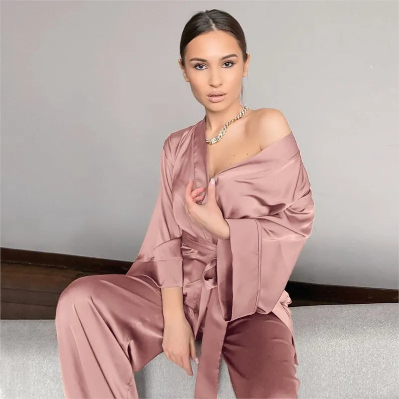 Women's 2024 Matching Sets Pajamas With Belt Satin Tow Pieces Suit Soft Loose Pyjamas Casual Solid Sleepwear Female Home Clothes