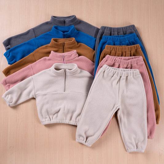 Winter Children Sets 0-4Y Girls Boys Thick Fleece Hooded Long Sleeve Pullover+ Solid Casual Long Pants Suits