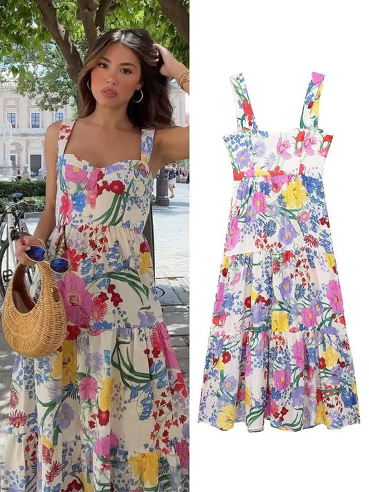 Fashion Flower Slip Midi Dress For Women Summer Backless Sleeveless Holiday Beach Dress Lady Elegant Sweetheart Collar Partywear