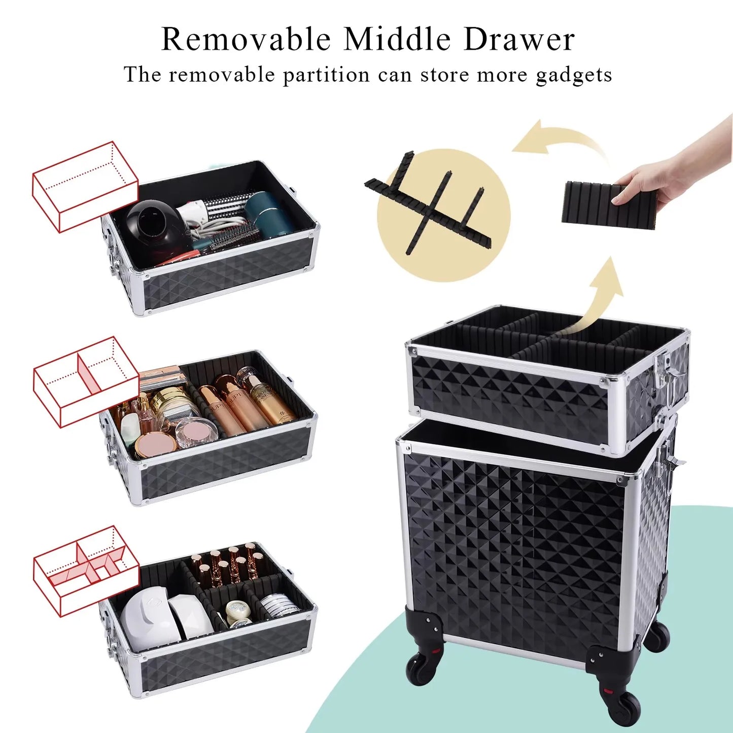 Rolling Makeup Case 3 In 1 Removable Make Up Case Cosmetology Case On Wheels Large Capacity Lockable Makeup Trolley For Salon