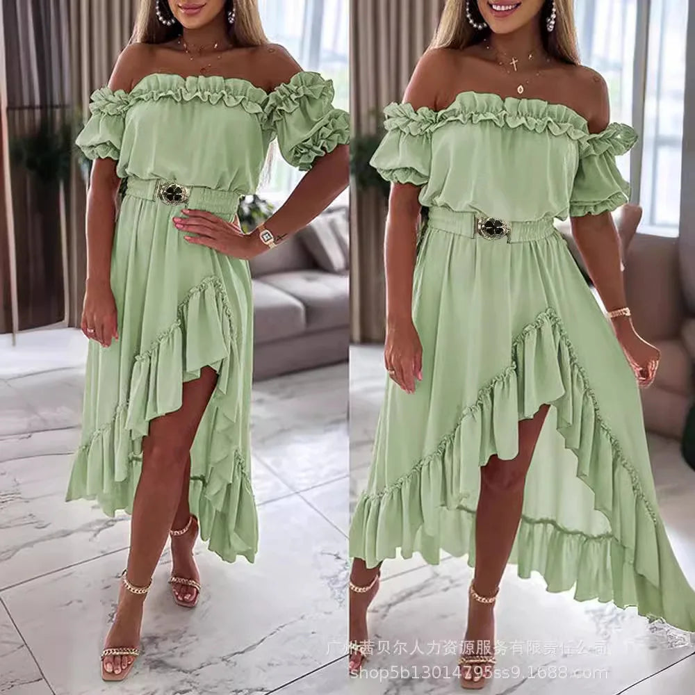 Dress Women Ruffles Off Shoulder Long Dresses Solid Slim Fit Regular Casual Elegant Splice High Waist Belt A Line Vestidos 2024