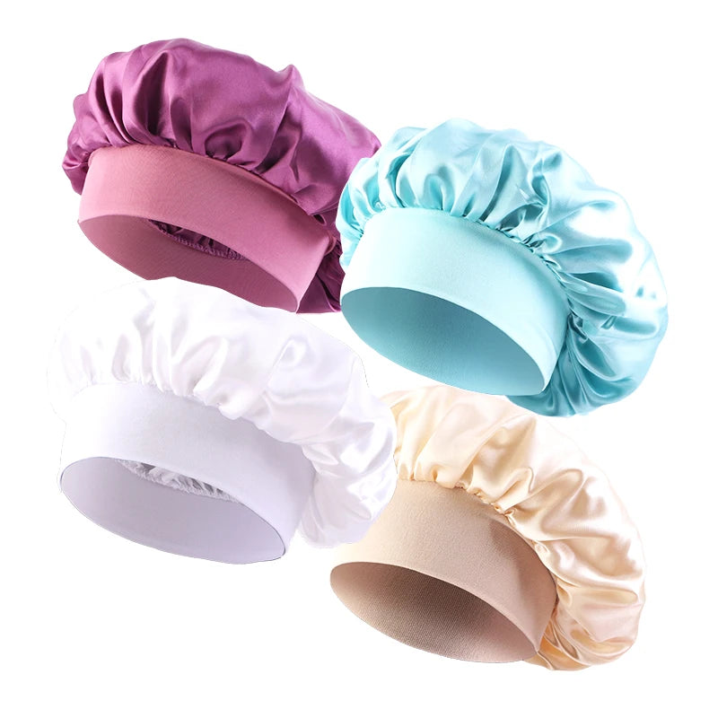 4pcs/lot Women Satin Solid Bonnet Hair Care Night Sleep shower Caps Adjust Head Cover For Curly Springy Hair Styling Accessories