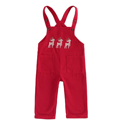 0-4Y Toddler Baby Girls Boys Christmas Overalls Reindeer Embroidered Sleeveless Adjustable Straps Pockets Romper Kids Jumpsuit