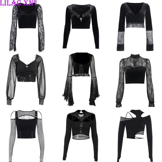 Goth Sexy Lace Mesh Flared Long Sleeve Corset Crop Tops Y2K Harajuku Vintage Aesthetic Black T-shirts Women Tops Tees Streetwear