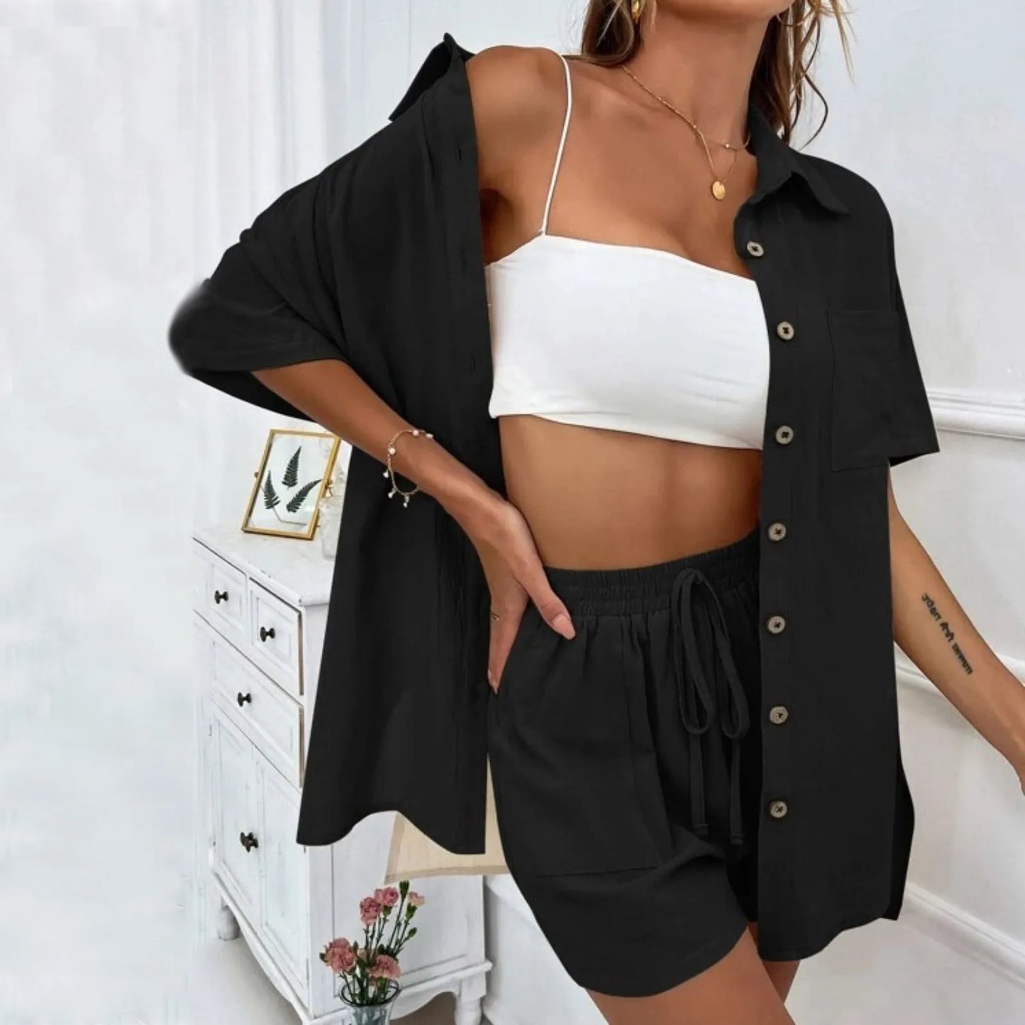 Women Summer Casual Shorts Set Short Sleeve Lapel Shirt Tops +Shorts Suit 2023 New Lounge Wear Vacation Two Piece Set