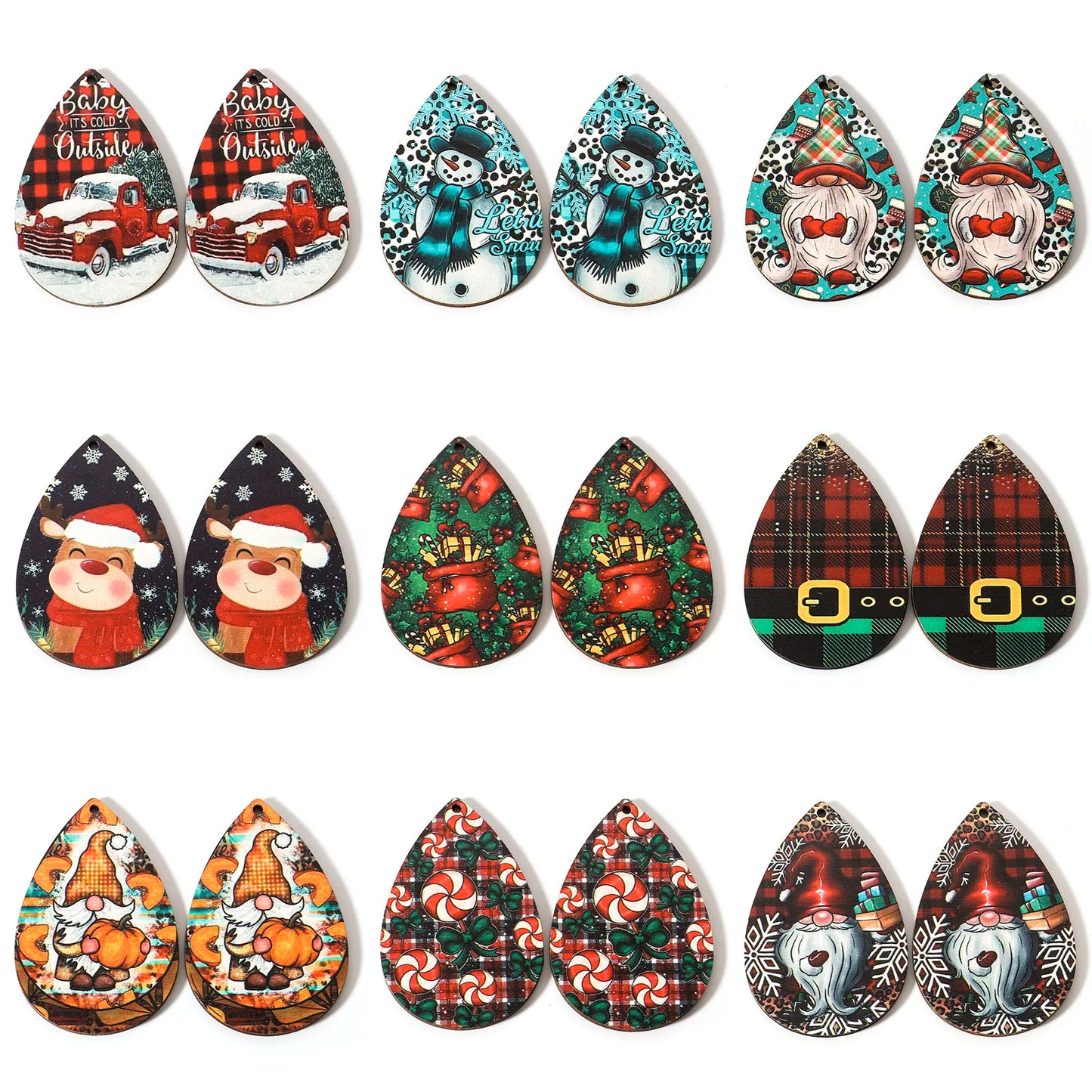 10pcs Multicolor Christmas Wood Pendants Drop Shaped Christmas Tree Snowman Charms DIY Earrings Women Jewelry Gift 5.4cm x 3.7cm