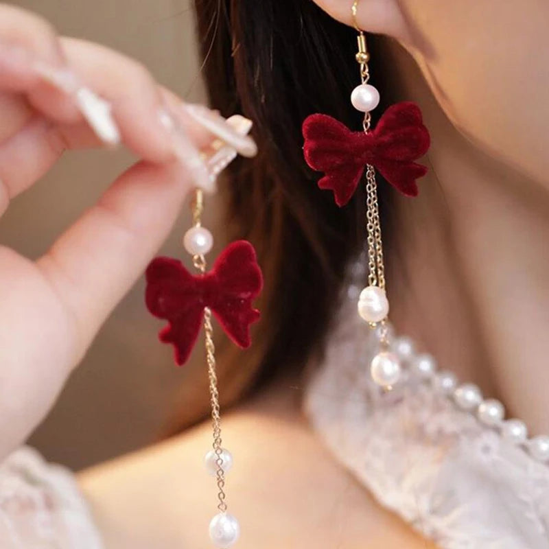 Fashion Christmas Flocking Drop Earrings Bowknot Stud Earrings For Women Girls Fashion New Year Jewelry Ear Accessories