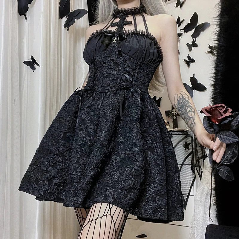 Goth Dark Mall Gothic Emo Jacquard A-line Dresses Elegant Grunge Ruched Bandage Partywear Punk Black Women Halloween Club Dress