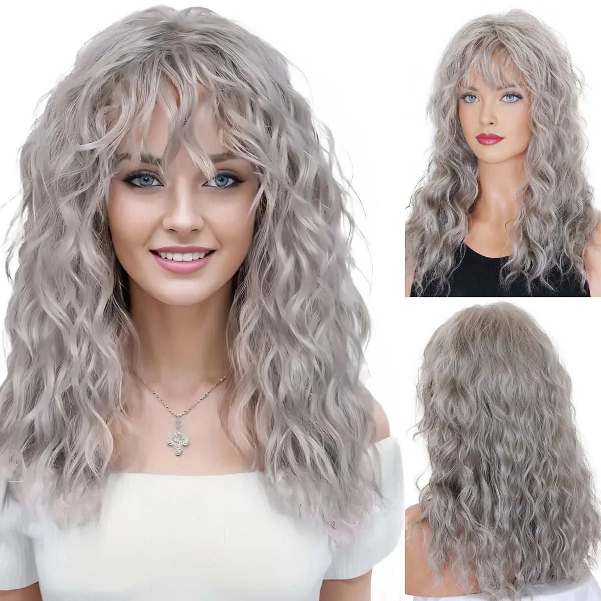 BCHR Grey Wigs with Bangs Long Curly Synthetic Wigs for Women Daily Cosplay Party Halloween Costume (Grey 20Inches)