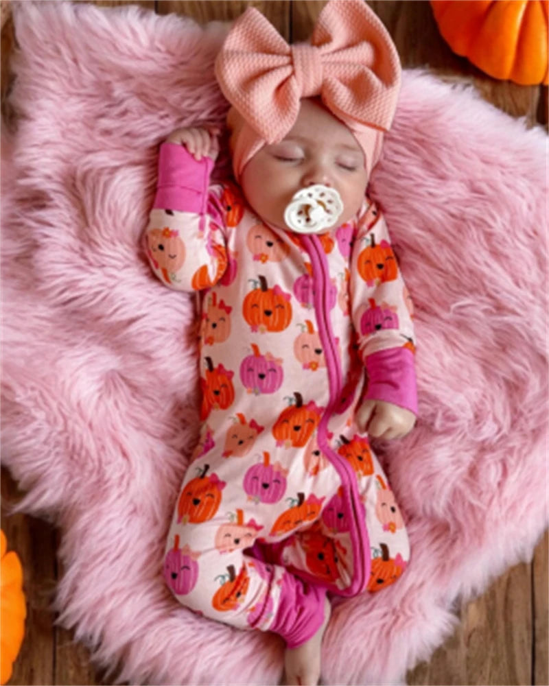 VISgogo Baby Girl Halloween Romper Pumpkin Print Zipper Front Long Sleeve Crew Neck Full Length Jumpsuit Newborn Fall Clothes