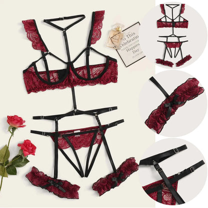 Sexy Lace Crotch Lingerie Set Halter Choker Hollow Bra Underwear Bandage Sleepwear Steel Ring Pajamas Garter Lingeries Sets Sexy