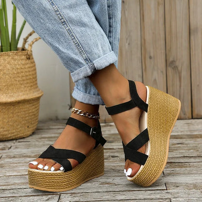 Fashion Wedge Sandals for Women Summer 2022Casual Non-slip Peep Toe Platform Shoes Rubber Sole Buckle Elegant Heel Woman Sandale