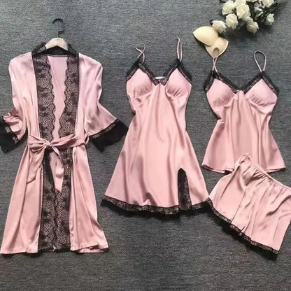 4PCS Sleepwear Pajamas Set Silk Women Nightdress Lace Dress Robe Sleep Nightwear Silk Solid Color Pijama Sets