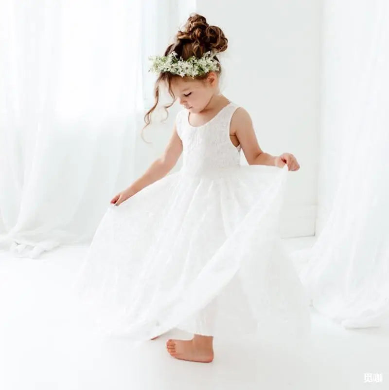 Girls White Lace Dress Deeling Gaunt Sweet Girl Flower Girl Elegant Bridesmaid Skirt 4-12 years old Girl Christmas Clothing