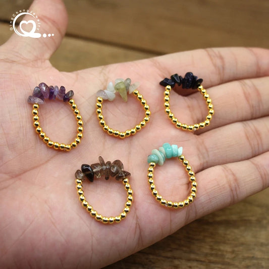 Healing Crystal Chip Stackable Rings Golds Brass Round Beads Natural Stone Gravel Stretchy Ring Fashion Women Jewelry,QC4218