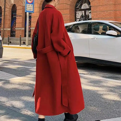 Winter Autumn Christmas Red Black Loose Long Wool Coat Jacket Belt Woolen Overcoat Korean Women Split Hem Cardigan Outerwear