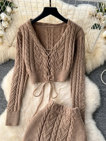 Autumn Elegant Sweater 2 Piece Set Women Hollow Out Frenum Top + High Waist Bodycon Split Skirt Female Solid Knitted Suits New