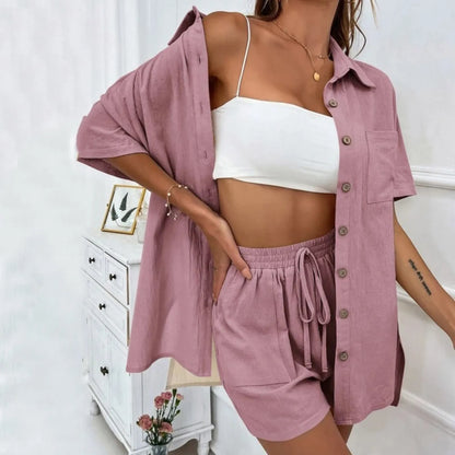 Women Summer Casual Shorts Set Short Sleeve Lapel Shirt Tops +Shorts Suit 2023 New Lounge Wear Vacation Two Piece Set