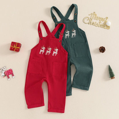 0-4Y Toddler Baby Girls Boys Christmas Overalls Reindeer Embroidered Sleeveless Adjustable Straps Pockets Romper Kids Jumpsuit