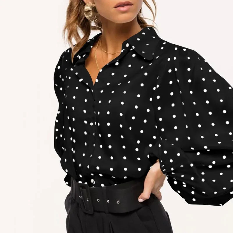 White Black Polka Dot Blouse Women Tops New Autumn Spring Cardigan Women Shirts Loose Lantern Sleeve Ladies Clothing 12372