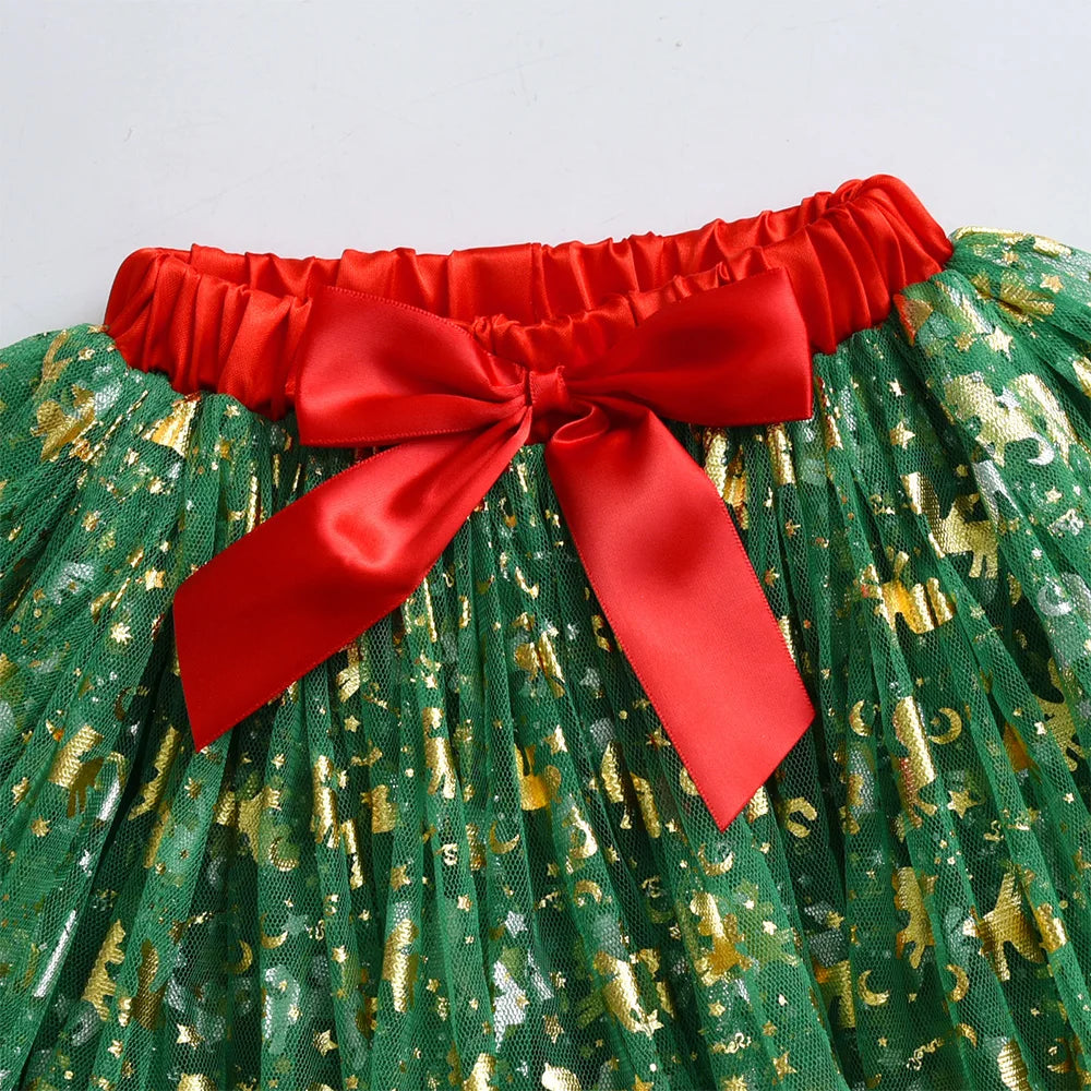 DXTON Girls Christmas Skirt Tutu Mesh Tulle Party Princess Skirt Children Red Mini Skirt With Bow Knot Kids Outfit New Year Gift