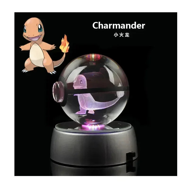 Pokemon 3D Crystal Ball Pikachu Figure Pokeball Engraving Crystal Charizard Model with Led Light Base Toys Anime Christmas Gift