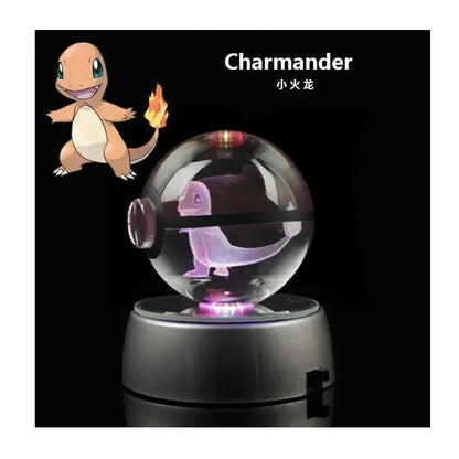 Pokemon 3D Crystal Ball Pikachu Figure Pokeball Engraving Crystal Charizard Model with Led Light Base Toys Anime Christmas Gift