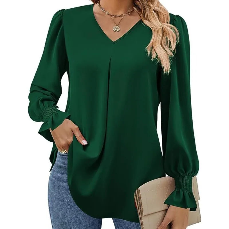 Women's New Solid Color Chiffon Shirt V-neck Pullover Flared Long Sleeved Top Shirt Office Lady Elegant Khaki Loose Blouses