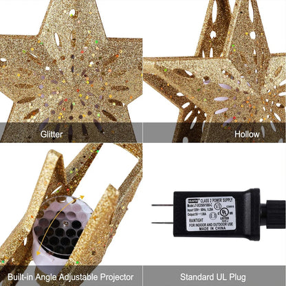 Christmas Tree Topper Lighted with Built-in Led Rotating Snowflake Projector Lights, 9.6” Hollowed Tree Topper with Plug