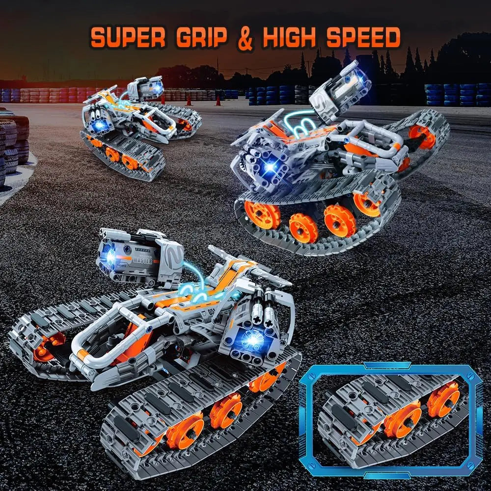 HOGOKIDS Remote Controlled Toy with LED Light-5 in 1 Robot Tracked Racer with App&Remote Control 604 Pieces Tank Car Toys for 6+