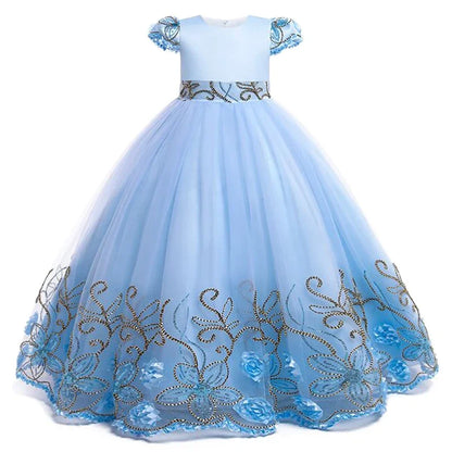 Girls lace sequin princess dress 2024 new children's embroidered bow puffy dress carnival birthday Christmas performance clothin