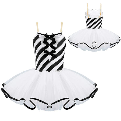 Kids Girls Candy Cane Striped Sequins Ballet Tutu Dance Dress Bowknot Adorned Stripe Print Mesh Tutu Dress Christmas Costume