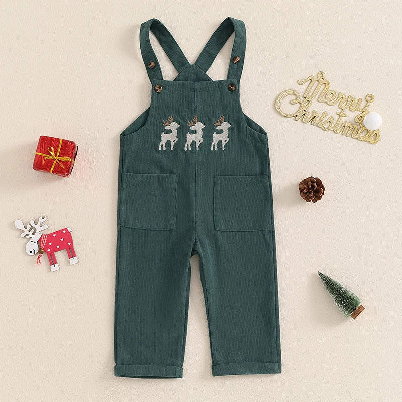 0-4Y Toddler Baby Girls Boys Christmas Overalls Reindeer Embroidered Sleeveless Adjustable Straps Pockets Romper Kids Jumpsuit