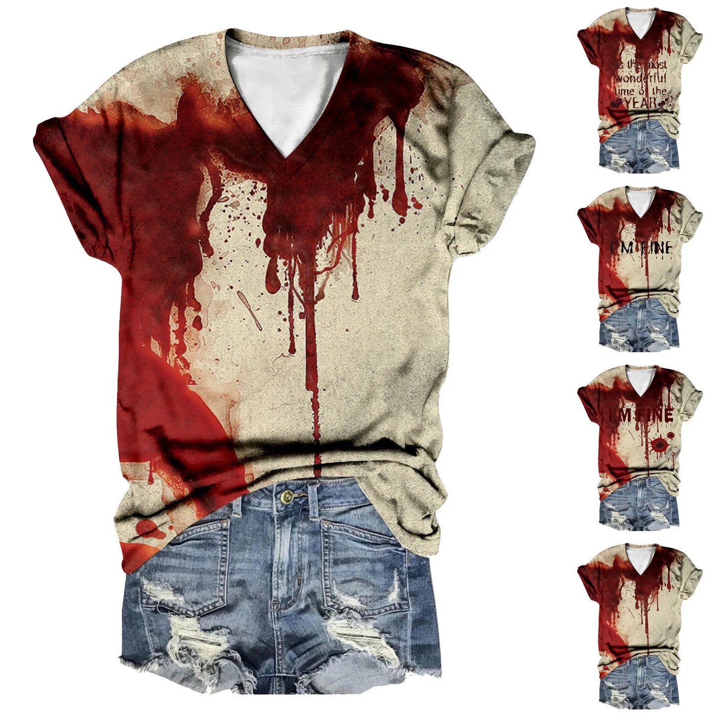 Women'S Casual V Neck Short Sleeved Halloween Bloody Letter Printed T Shirt European And American Women'S Fashionable T Shirts