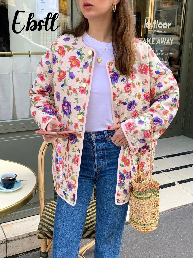 Fashion Floral Print Cotton Coats Women Elegant O Neck Single Breasted Pockets Jacket 2024 Autumn New Lady Casual Top Streetwear