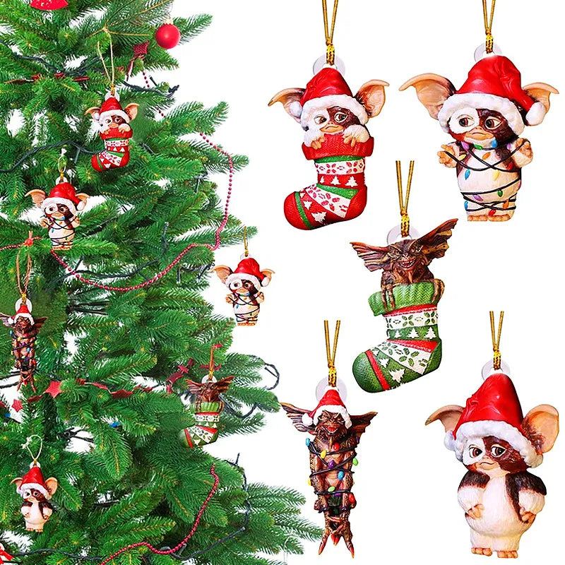 New Christmas Gremlins Ornament 2D Fairy Santa Hat Gizmo Figurine Hanging Pendant Decor Christmas Tree Party Decor