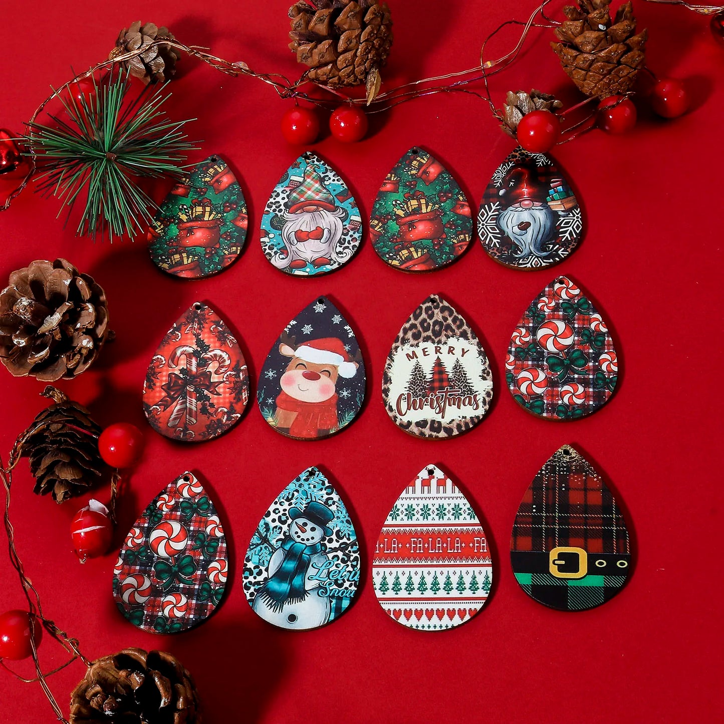 10pcs Multicolor Christmas Wood Pendants Drop Shaped Christmas Tree Snowman Charms DIY Earrings Women Jewelry Gift 5.4cm x 3.7cm