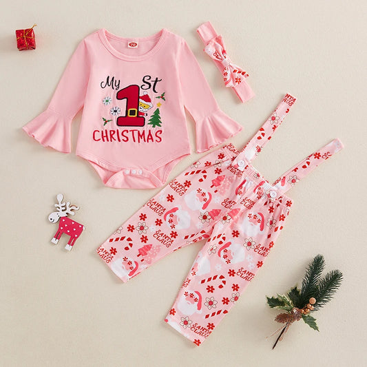 0-18 Months Baby Girls Christmas Outfits Long Sleeve Romper with Suspender Pants Headband Set Newborn Fall Clothes