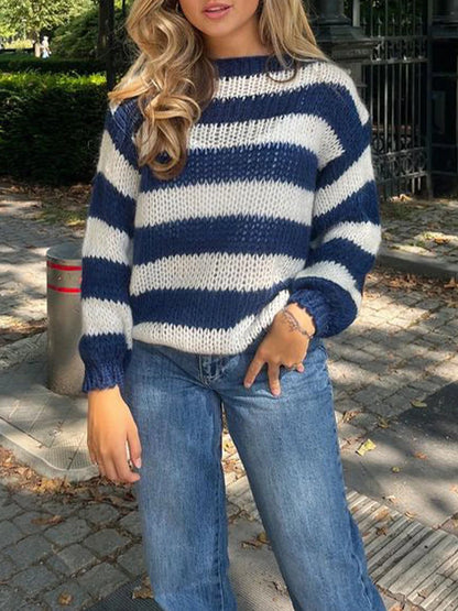 Women s Striped Sweater Vintage Loose Boat Neck Long Sleeve Pullover Tops for Fall Winter