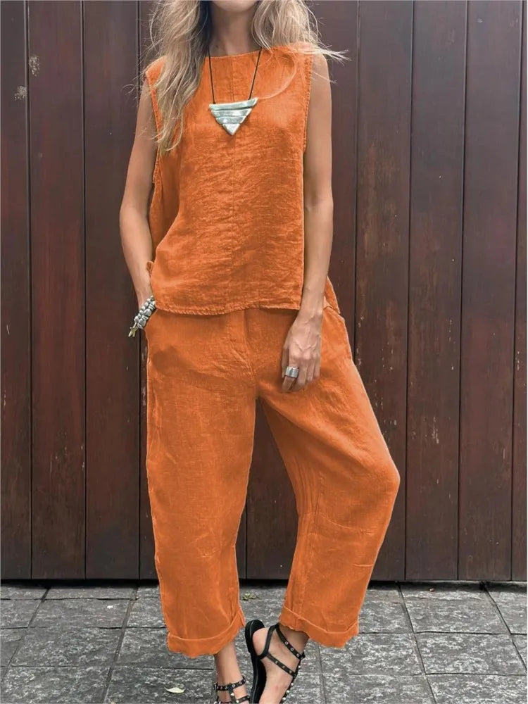 Summer Cotton And Linen Casual Outfits Female Fashion Solid Color Two-piece Set For Women Sleeveless Top Trousers Women's Suit