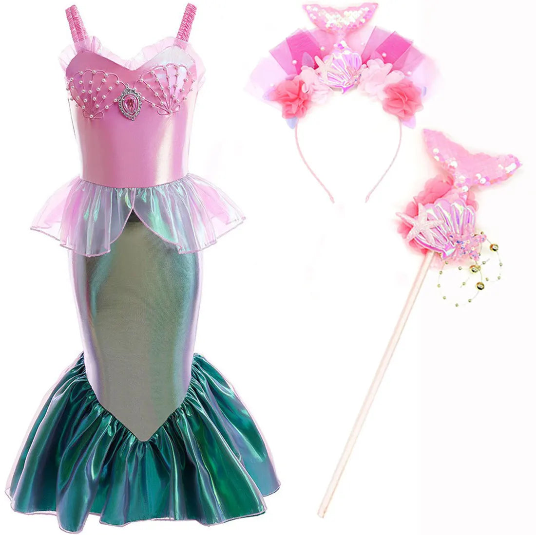 Disney Halloween Festival Mermaid Ariel Cosplay Dress for Girl Christmas Carnival Pink Pearl Inlay Clothing Ball Gown Dress Suit