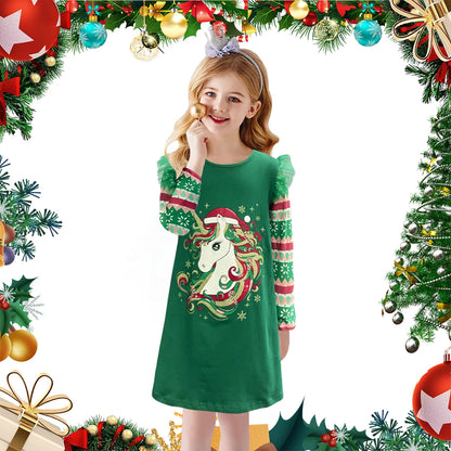 DXTON Girls Unicorn Cartoon Print Cotton Casual Straight Dress Kids Green Christmas Snowflakes New Year Gift Party Dresses