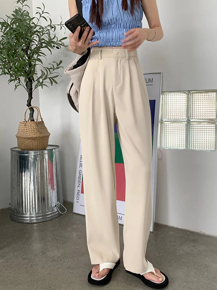 Zoki Elegant Chic Suit Pant Women High Waist Solid Straight Trousers Korean Casual Fashion Loose Spring Summer Wide Leg Pants