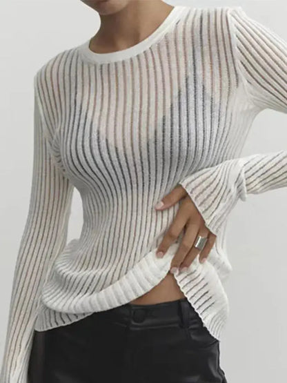 Solid Long sleeve round Neck Rib Knitted Cut Sweater