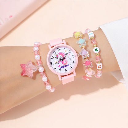 Pink Unicorns Children Watch Set For Girls Cute Horse Patterns  Silicone Kid Wristwatch