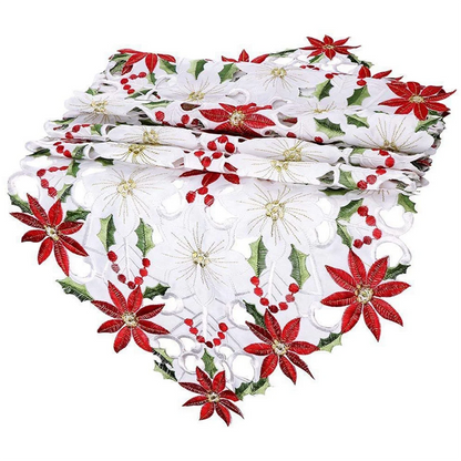 Christmas Table Runner, Poinsettia Holly Leaf Embroidered Table Linens for Christmas Decorations 15 X 53